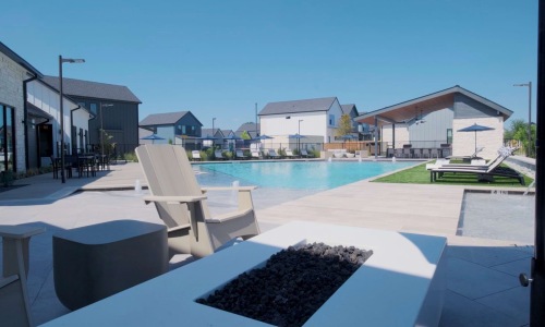 a courtyard with a swimming pool